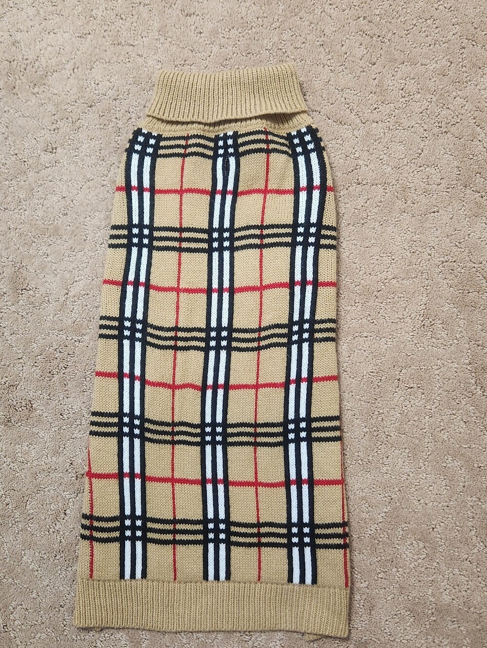 Classic Tan Plaid Knit Dog Sweater with Red and Black Accents New Without Tags
